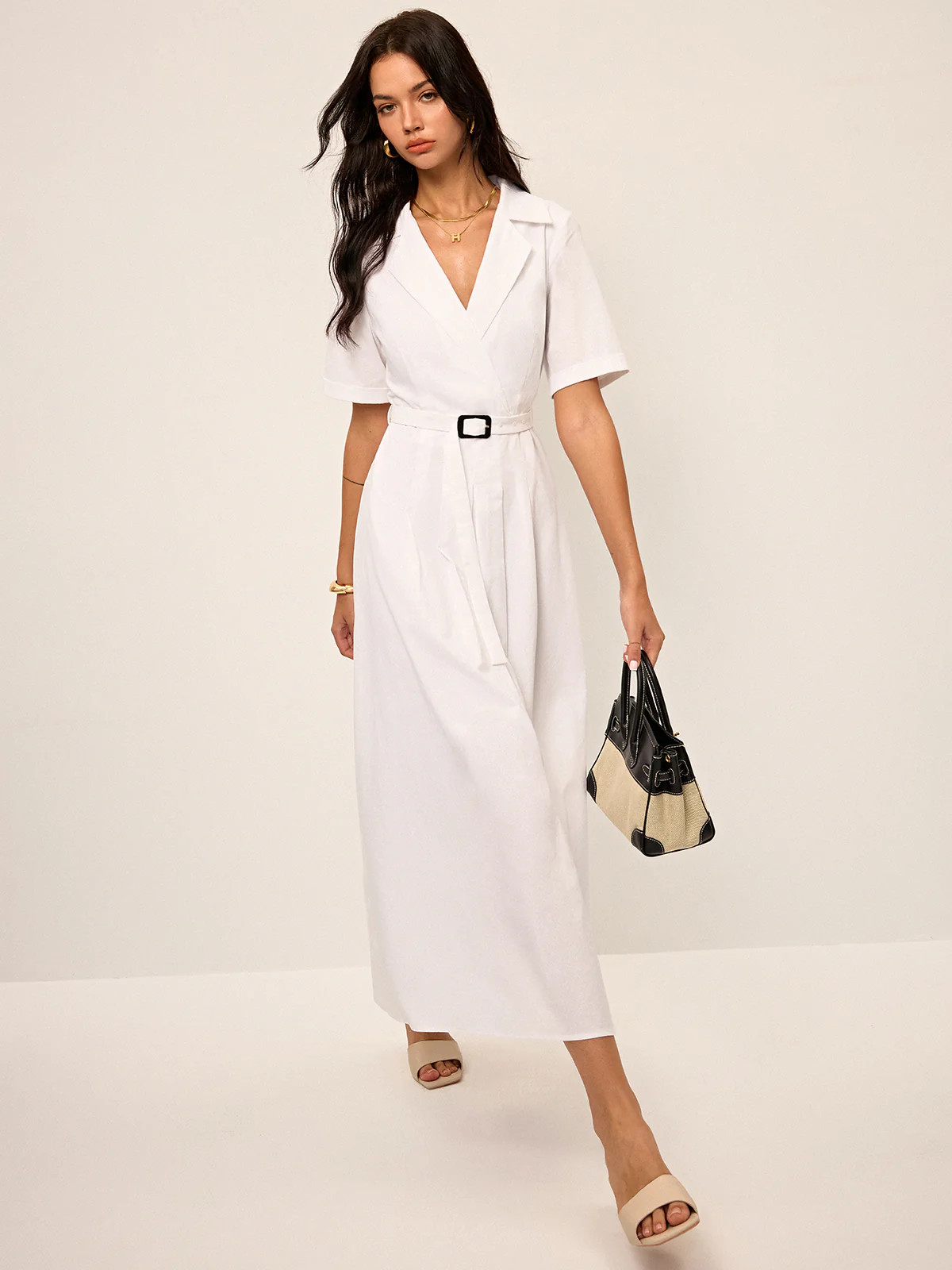 Linen & Blend Belted Pleated Shirt Dress | Commense