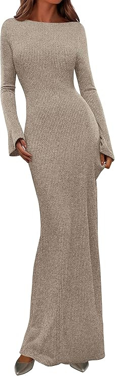 PRETTYGARDEN Women's Fall Fashion 2025 Long Sleeve Maxi Dress Ribbed Knit Boat Neck Bodycon Casua... | Amazon (US)
