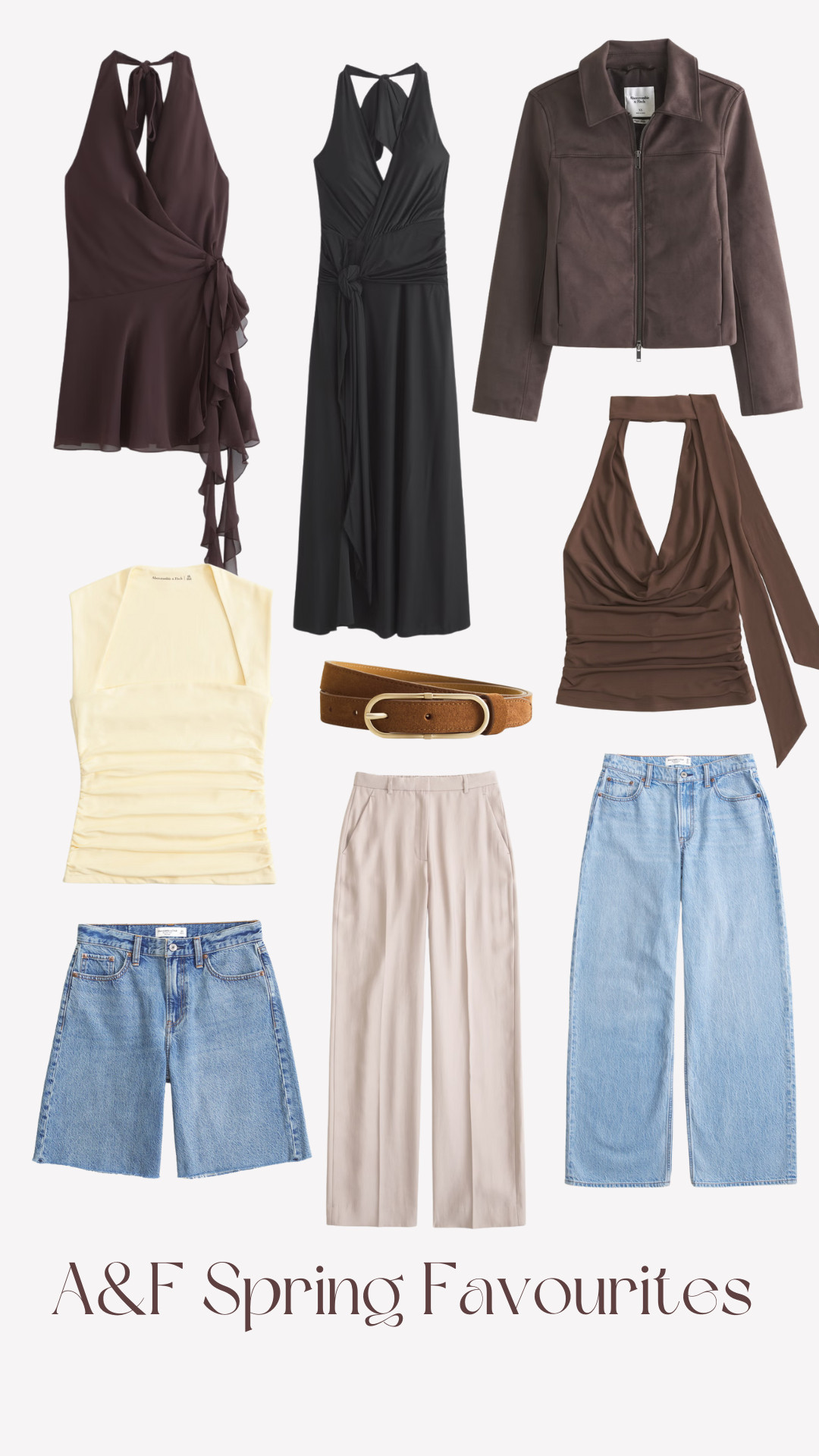 Abercrombie & Fitch, Spring Favourites, Spring Outfits, Mid Rise Jort, Scarf Top, Maxi Dress, Suede Jacket, Suede Belt, Tailored Wide Leg Trousers, Jeans 

 #LTKuk #LTKspring #LTKstyletip