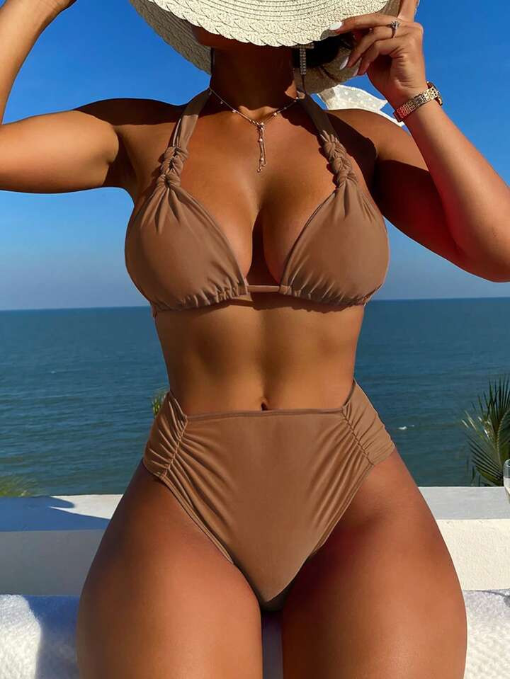 Ruched Halter Triangle High Waisted Bikini Swimsuit | SHEIN