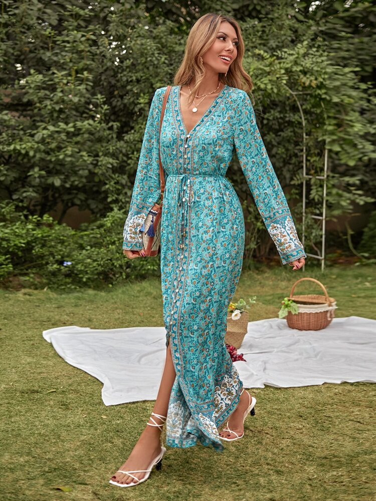 Ditsy Floral Split Front Belted Dress | SHEIN