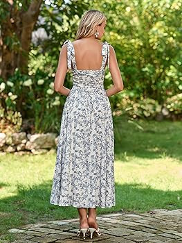 Parthea Summer Floral Corset Midi Dress A Line Tie Bow Straps Wedding Guest Dresses for Women | Amazon (US)
