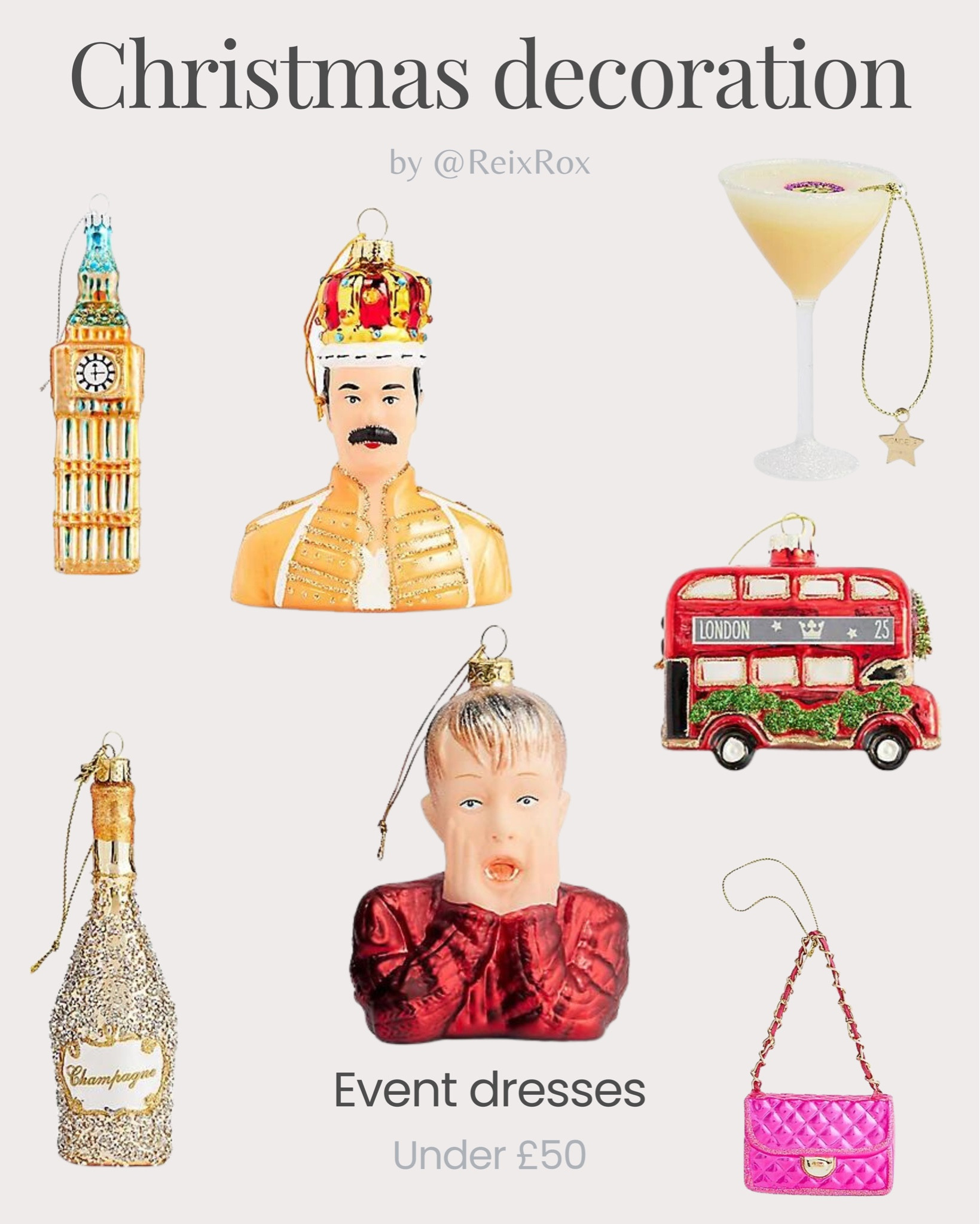 Christmas decoration. Wine bottle glass, London bus, champagne bottle sparkly,  Freddy mercury, Kevin McCallister, Macaulay Culkin, Home Alone, Martini cocktail glass, designer fashion glitter  bag, London big ben, Christmas tree decoration, festive season. Gift guide, home decor. Selfridges.
 

#LTKfindsunder100 #LTKfindsunder50 #LTKhome