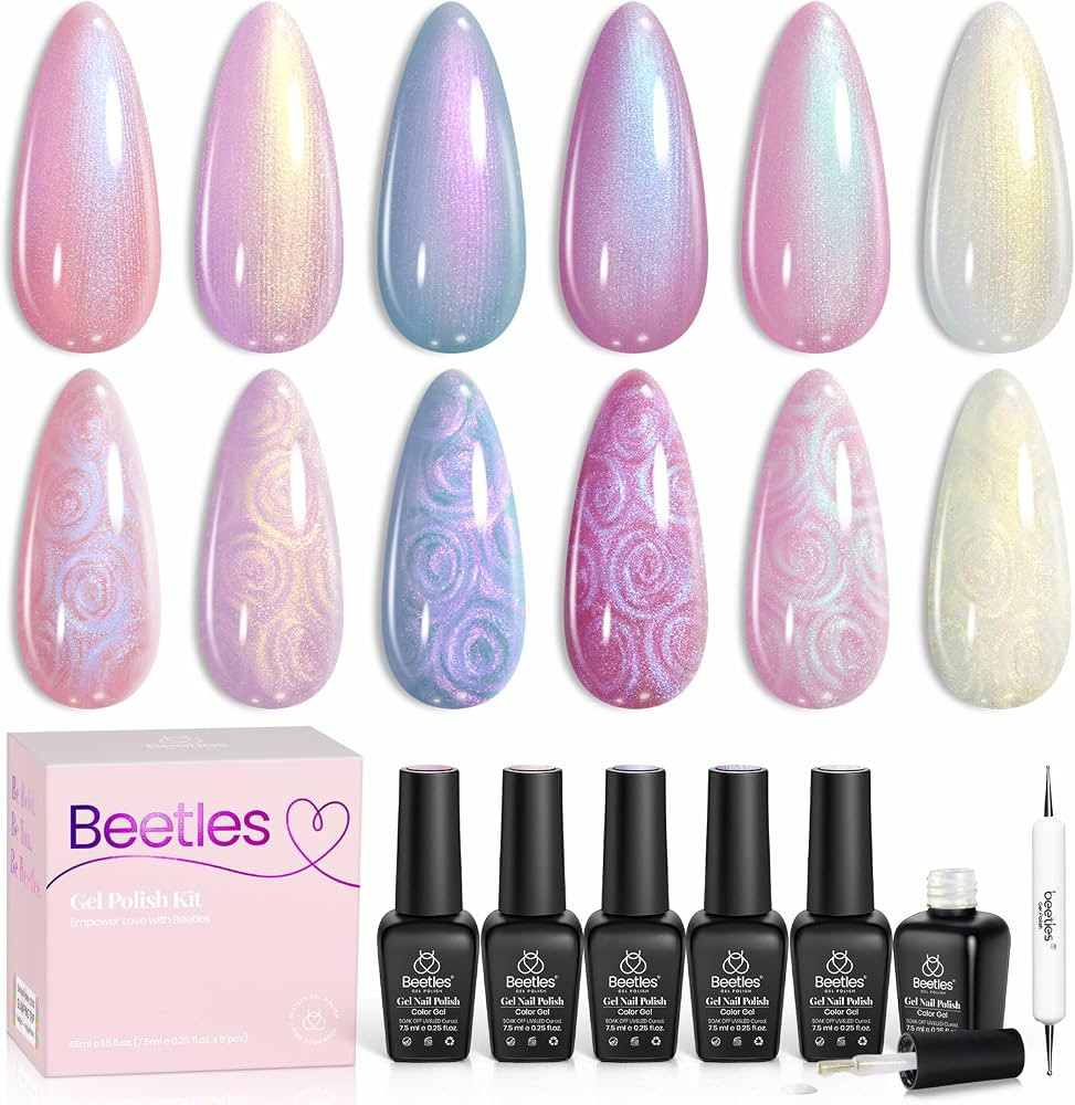 Beetles Pearl Gel Polish Set - 6 Colors Mermaid White Pink Purple Shimmer Swirl Shell Thread Effe... | Amazon (US)