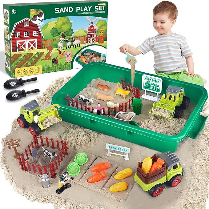 Aliex Farm Sensory Bin, Farm Sensory Kits Toy with 2.2lbs Play Sand, 31pcs Animals Trucks Creativ... | Amazon (US)