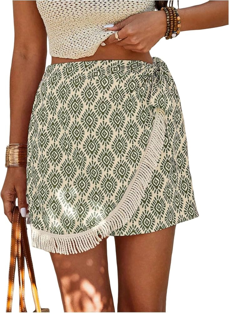 Milumia Women's Printed Tie Side Shorts Tassel Trim High Waist Wrap Skorts Boho Shorts | Amazon (US)