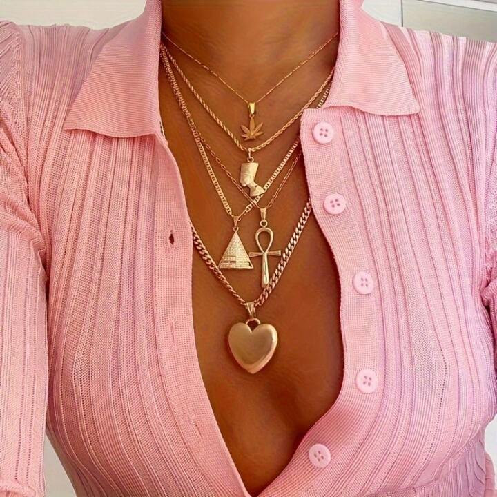 Exaggerated Maple Leaf Egyptian Pharaoh Cleopatra Pyramid Collarbone Chain Heart Pendant Women Mu... | SHEIN