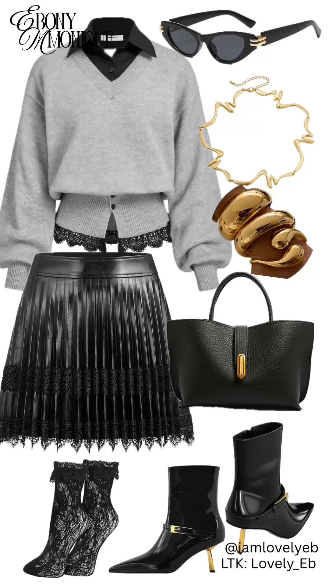 Soft edge, polished cool 🤍🖤

A classic layered moment with a modern twist. The gray V-neck sweater layered over a crisp black button-down gives effortless prep energy, while the pleated faux leather skirt and lace tights add texture and a hint of drama. Finished with sleek black heeled boots, sculptural gold jewelry, and sharp cat-eye sunnies for that confident, put-together feel. This is the kind of outfit that works for brunch, meetings, or a chic day out—easy, elevated, and timeless with personality.

#LTKWorkwear #LTKootd