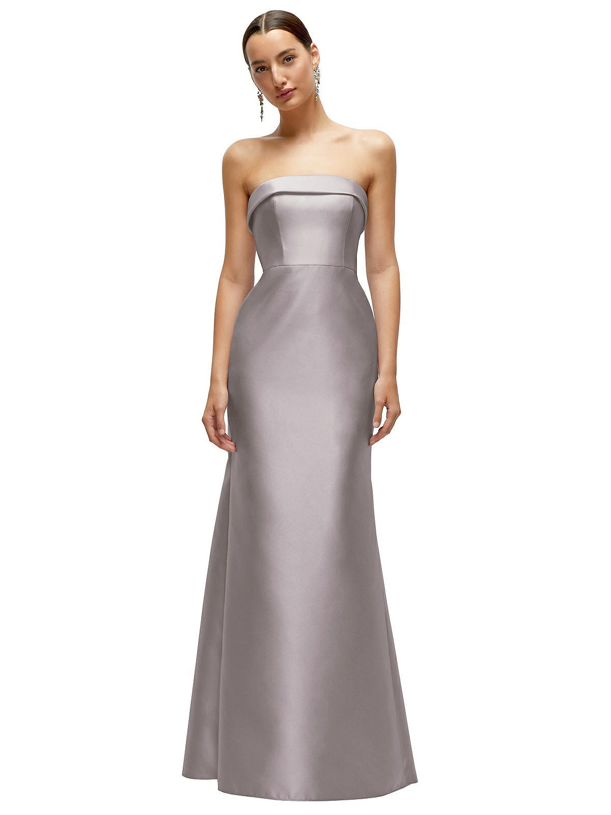 Strapless Cuff Neckline Satin Trumpet Gown in Cashmere Gray | Dessy Group