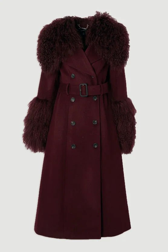 Brushed Wool & Shearling Tailored Double Breasted Belted Midi Coat | Karen Millen UK + IE + DE + NL