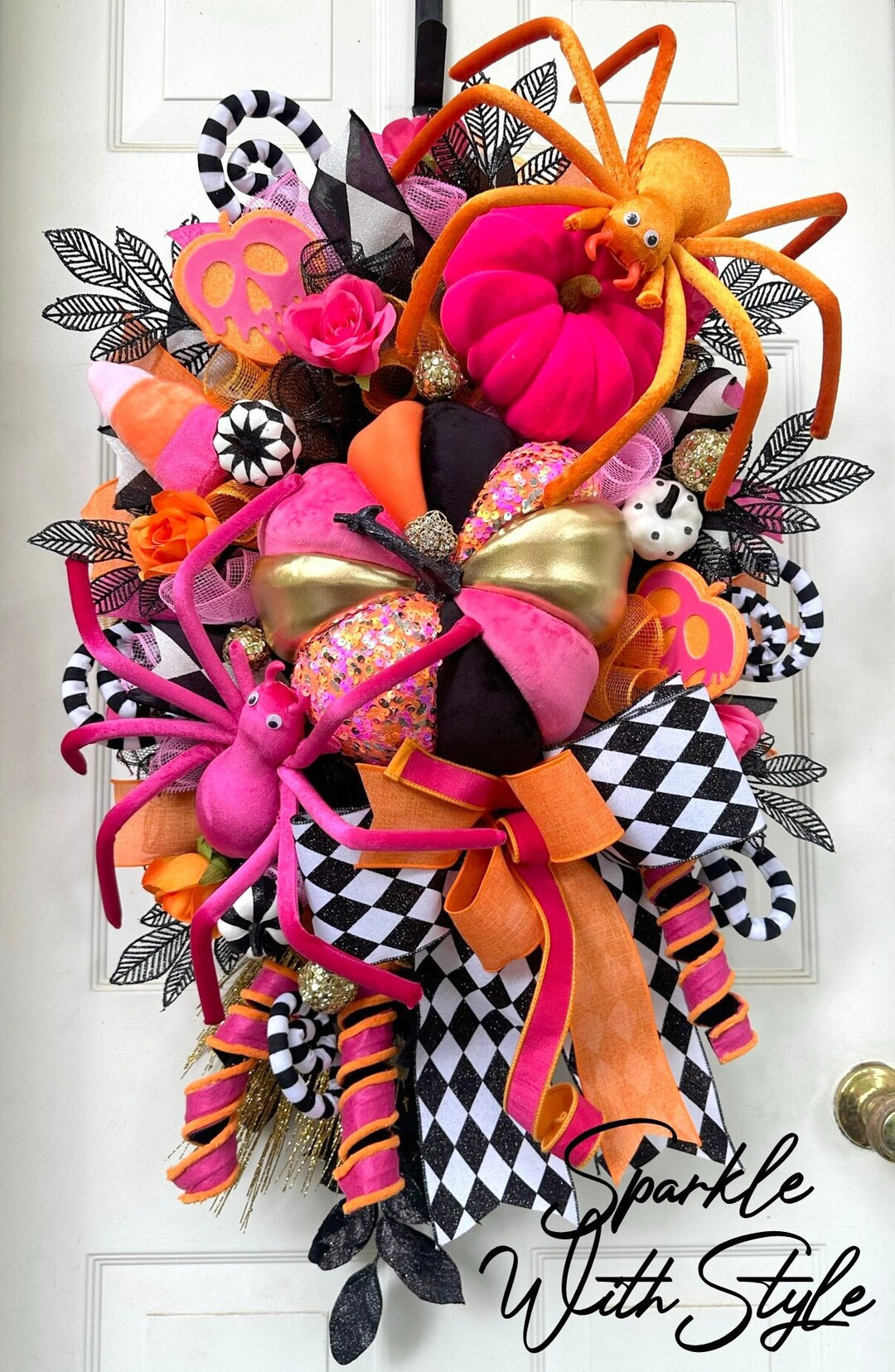 Halloween Decor Halloween Wreath for Door Pink and Orange Decor Pumpkin Decor Swag Wreath Mantle ... | Etsy (US)