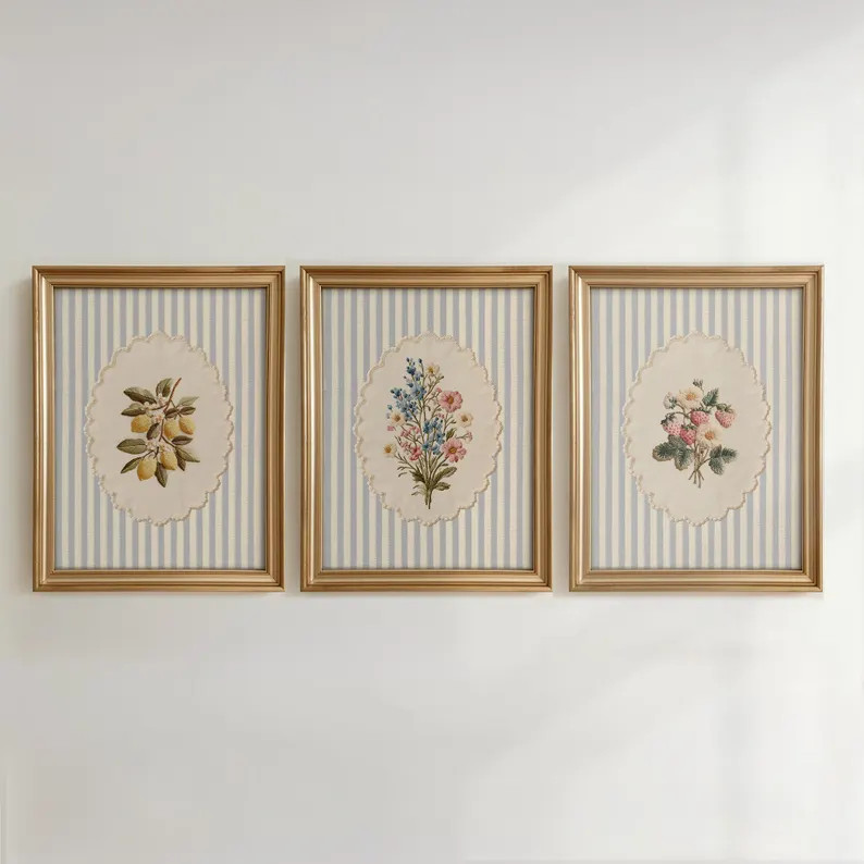 Cottagecore Wall Art Set of 3: Kitchen Wall Art, Vintage Embroidered Style Floral Prints, Striped... | Etsy (Global)