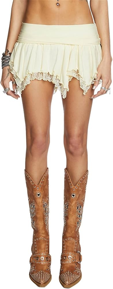 PRIVIMIX Women Sexy Pleated Mini Skirt Lace Ruffle Solid Lingerie Short Skirts | Amazon (US)