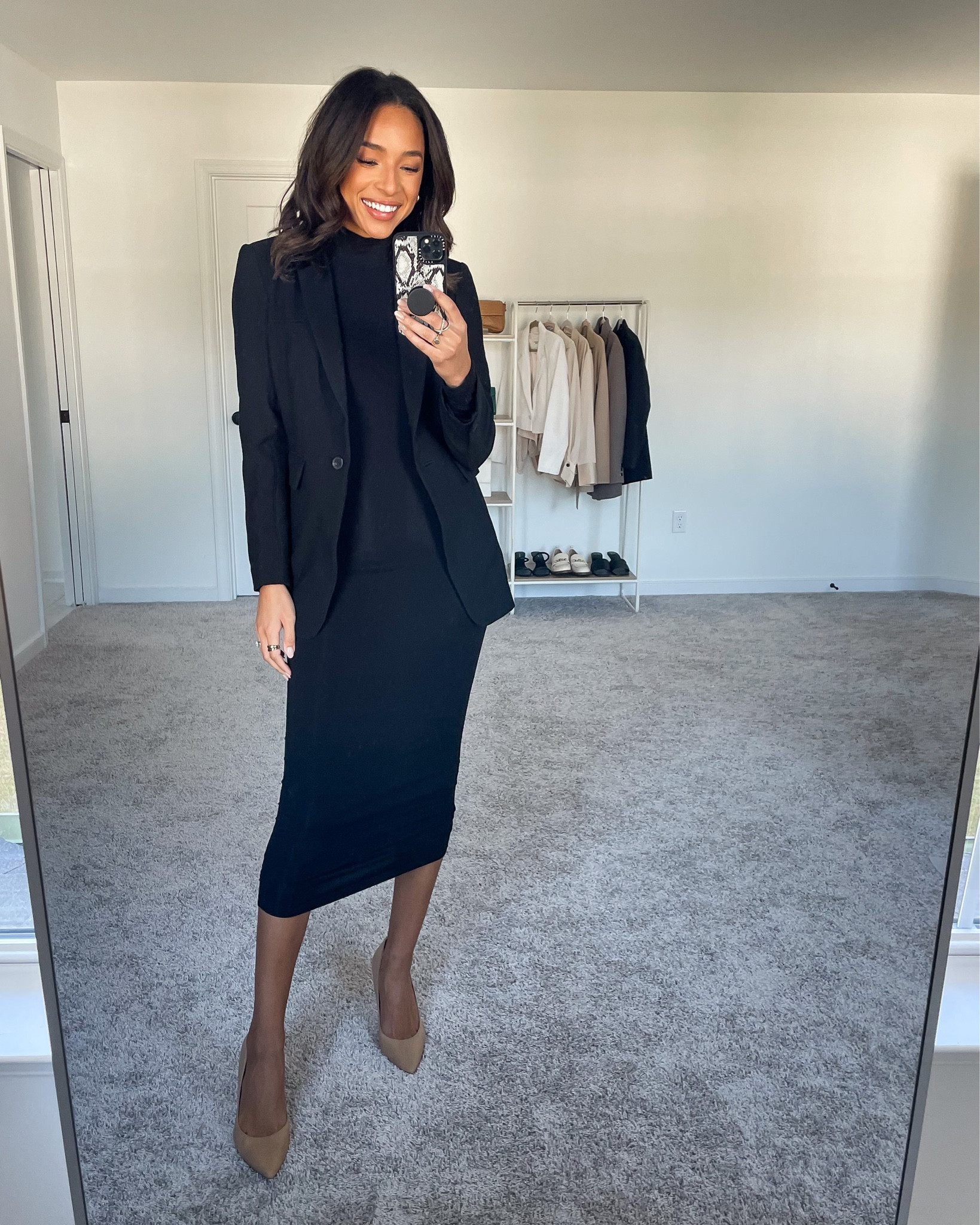 Size 4 in black blazer (runs very small, size up two), 0 in black knit dress, pumps fit tts 







Fall outfit
Fall capsule wardrobe
Capsule wardrobe outfit
Fall work outfit
Work outfit 
Sweater dress outfit
Blazer outfit 
Work pumps 

#LTKworkwear #LTKstyletip #LTKSeasonal