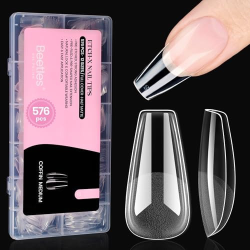 Beetles Gel Nail Tips Medium Coffin 576PCS Etch X Nail Tips, 12 Sizes Pre Shaped Half Matte Press On Nails Full Cover False Nails Acrylic Nails Glue on Nails Extensions Set for Women Home DIY | Amazon (US)
