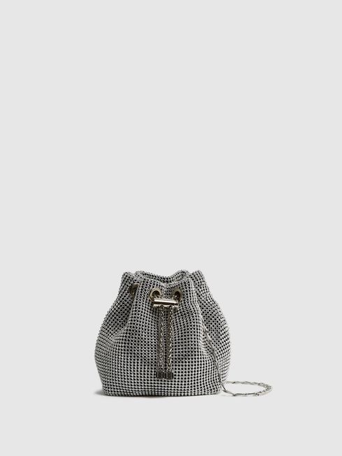 Reiss Silver Demi Crystal Mini Bucket Bag | Reiss UK