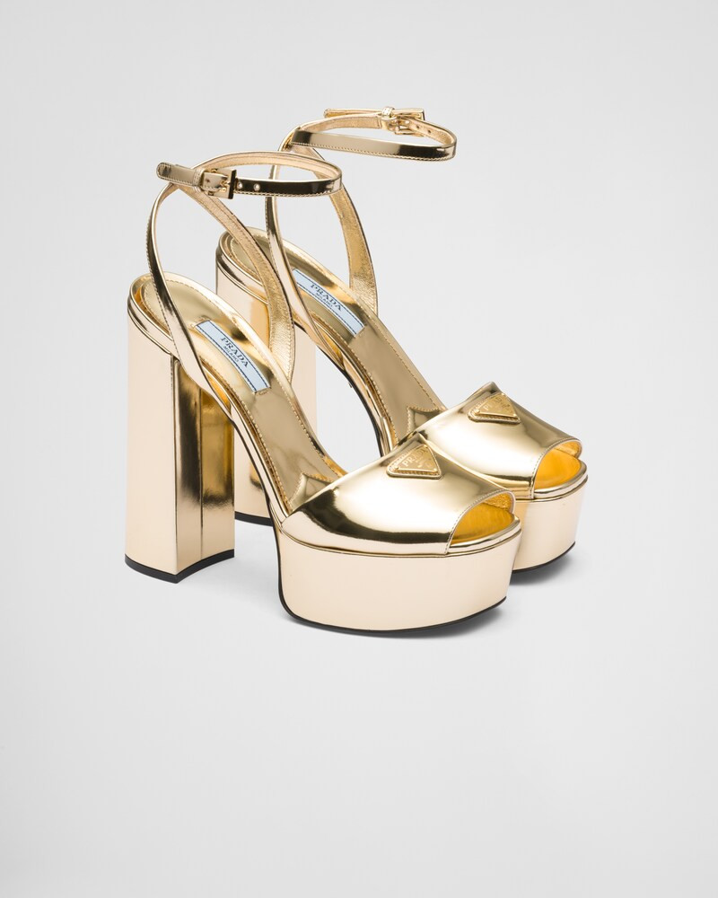 Metallic leather platform sandals | Prada Spa US
