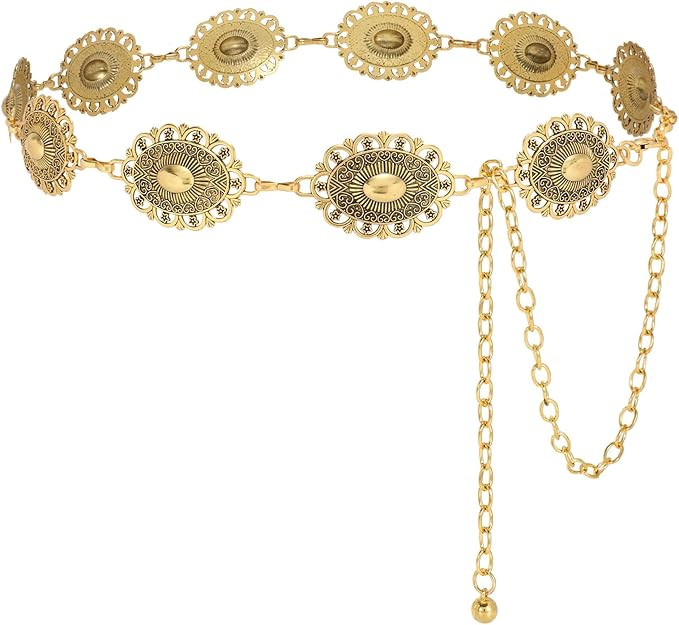 SANSTHS Metal Concho Chain Belt for Women Western Cowgirl Turquoise Boho Waist Chain Belt for Dre... | Amazon (US)