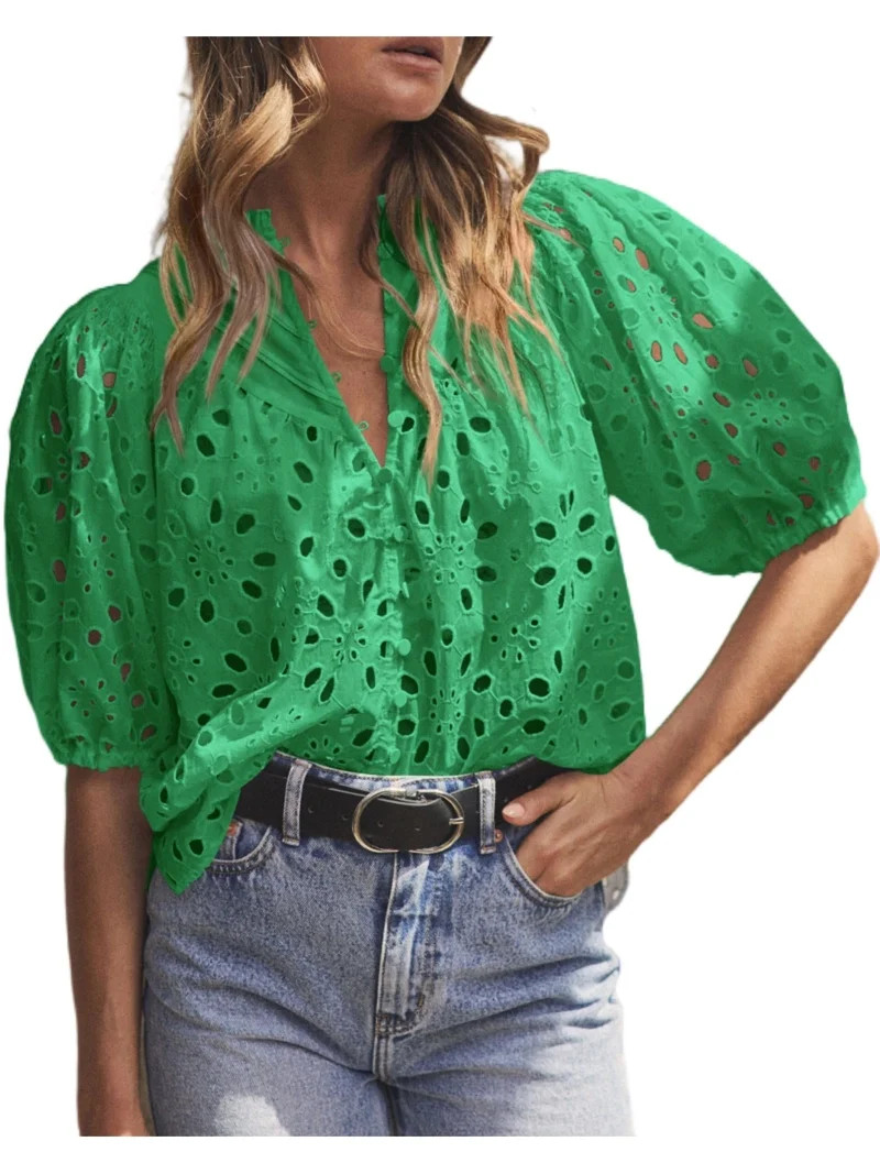 PRETTYGARDEN Women's Summer Tops Dressy Casual Short Lantern Sleeve V Neck Buttons Hollow Out Lac... | Walmart (US)