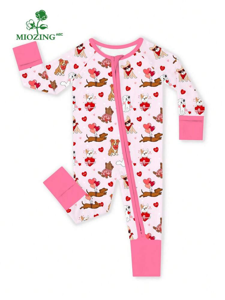 MIOZING Baby Bamboo Romper – Soft & Breathable Sleepwear, Baby Girl Romper, Zip-Up Convertible Footie With 2-Way Zipper, Long Sleeve, Valentine's Day Cute Puppies & Hearts Print | SHEIN