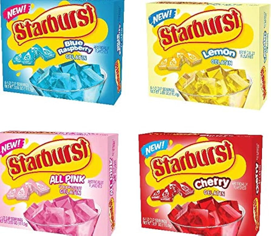 Starburst Gelatin variety pack, 4 flavor Lemon, Blue Raspberry, All pink Strawberry, and cherry (... | Amazon (US)