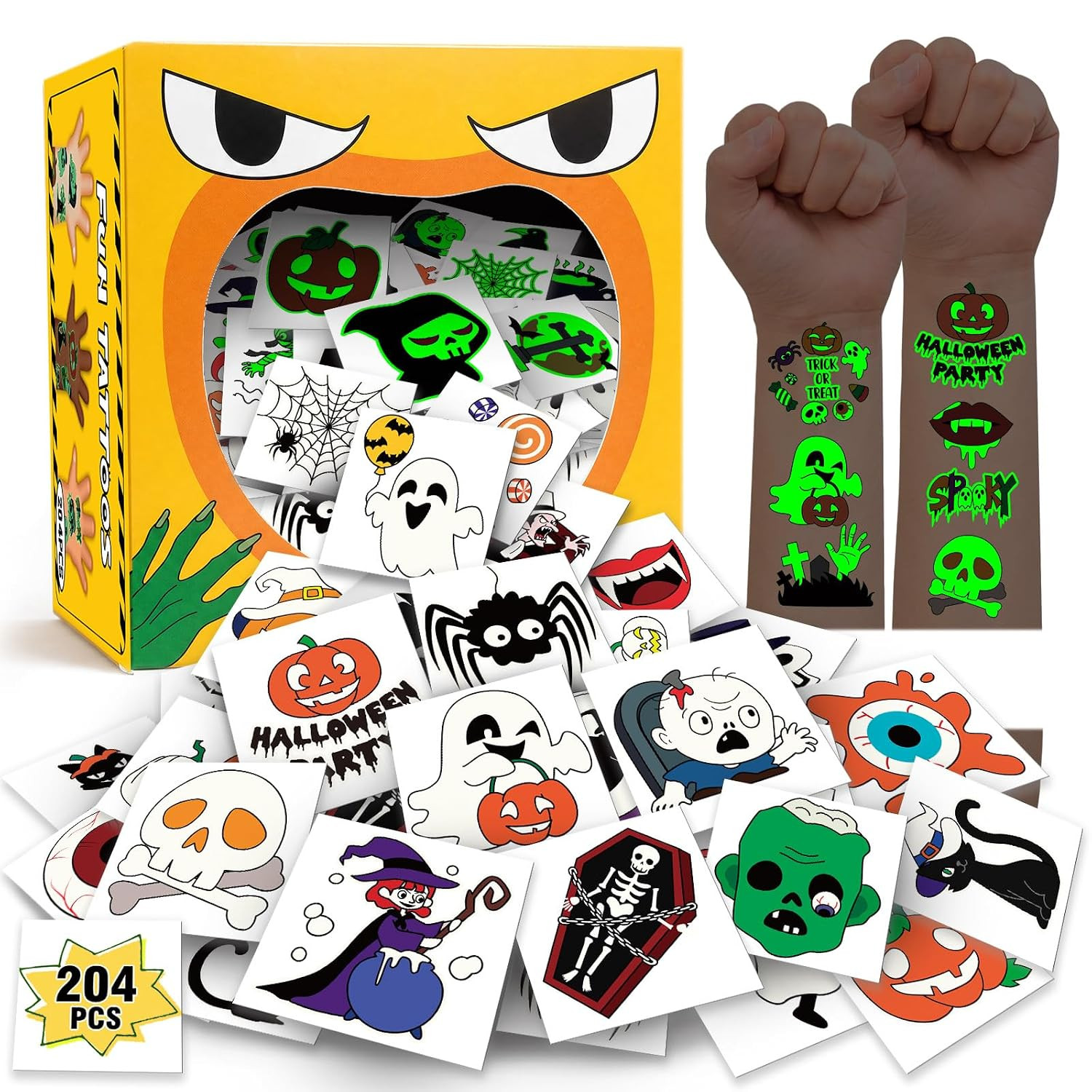 204 PCS Glow Halloween Tattoos for Kids with Mystery Prize Box | Amazon (US)