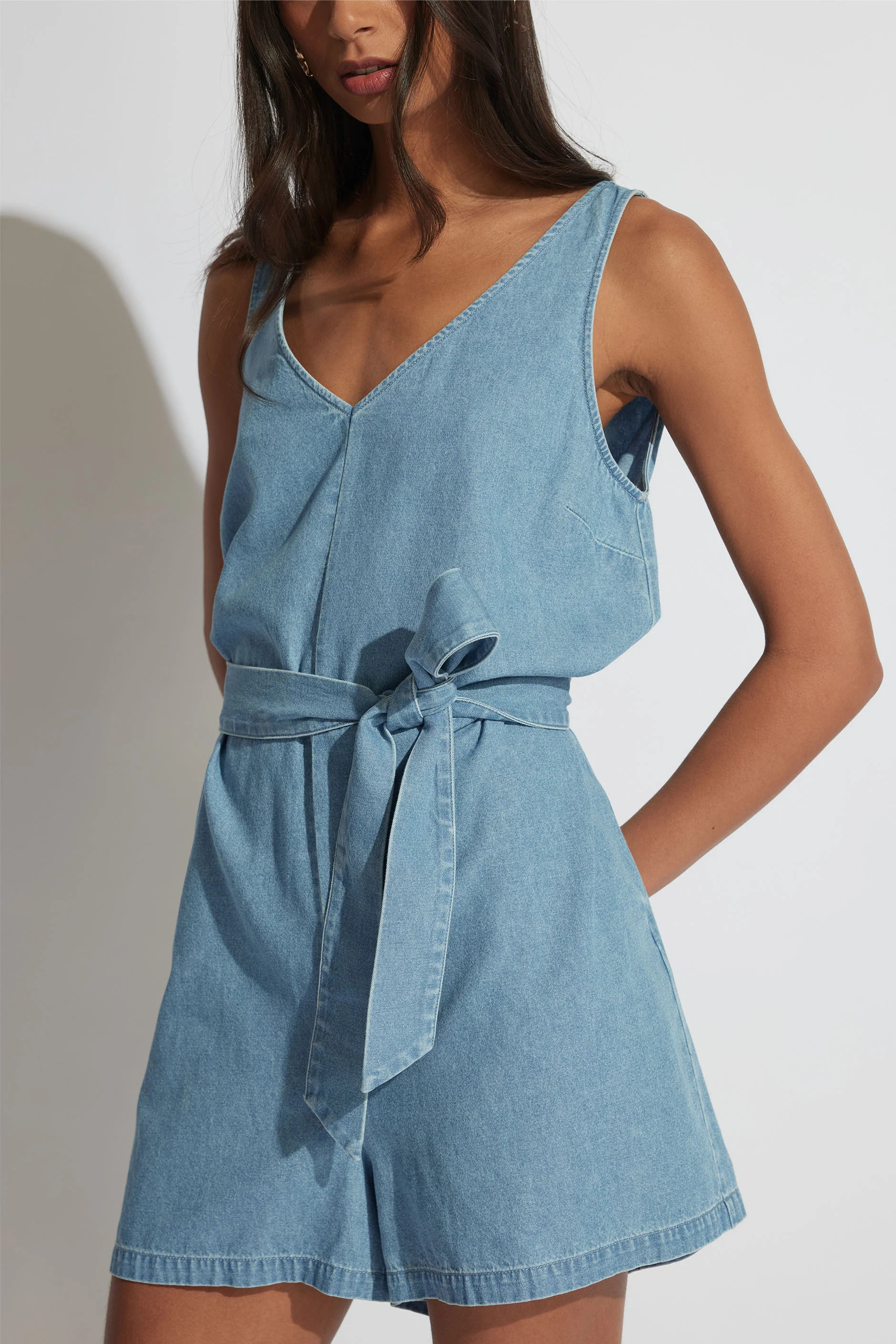 Sia Denim Sleeveless Playsuit - Ultra Light Wash | DECJUBA