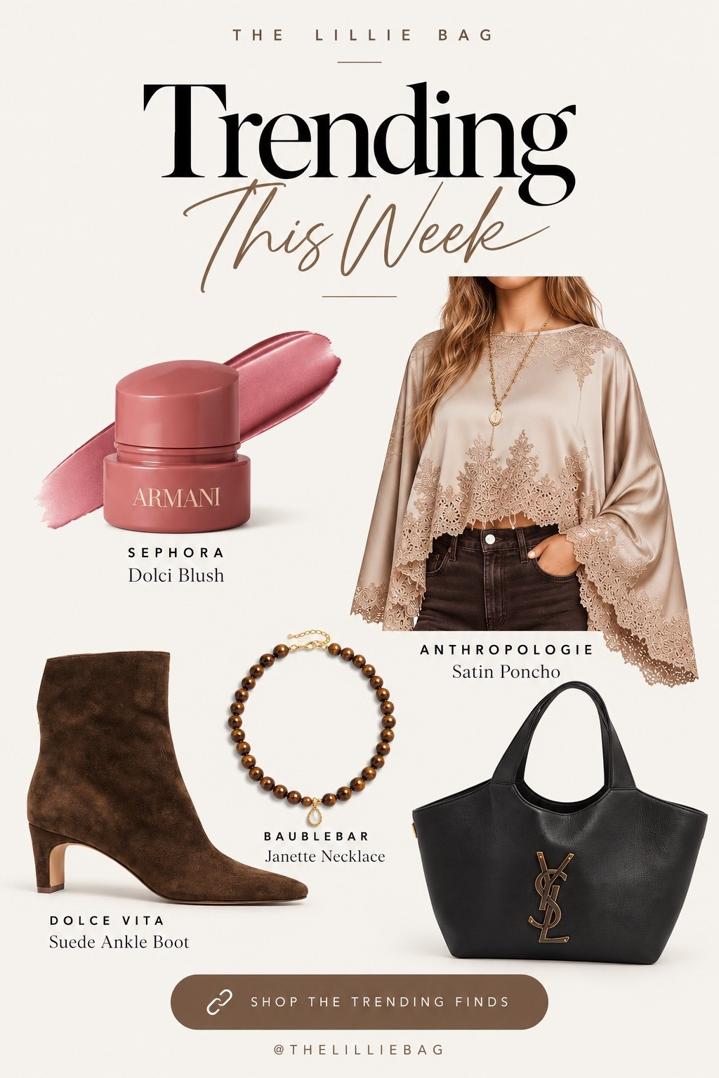 These are TRENDING this week 👀✨ The Armani Luminous Silk Cheek Tint in Dolci, Anthropologie Satin Lace Poncho + BaubleBar Janette Necklace are all showing up as top products — and I can see why. Paired them with wide-leg denim + suede boots for an easy fall look 🤎

Armani blush, Anthropologie poncho, BaubleBar necklace, fall outfit, wide leg jeans