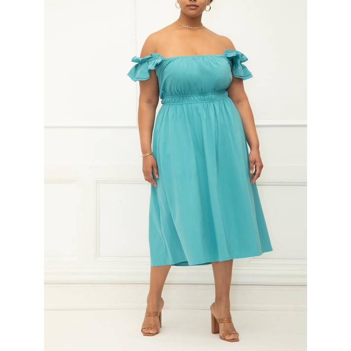 ELOQUII Elements Women's Plus Gathered Waist Dress with Ruffle Sleeves | Walmart (US)
