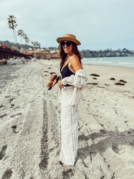Wide leg linen, trouser pants with oversized striped linen, button-down shirt (both size small) // wear as a Swim cover-up, or casual vacation outfit idea! Just wear a tank or bodysuit instead of your swimsuit! 🤎

#LTKsalealert #LTKswim #LTKfindsunder50