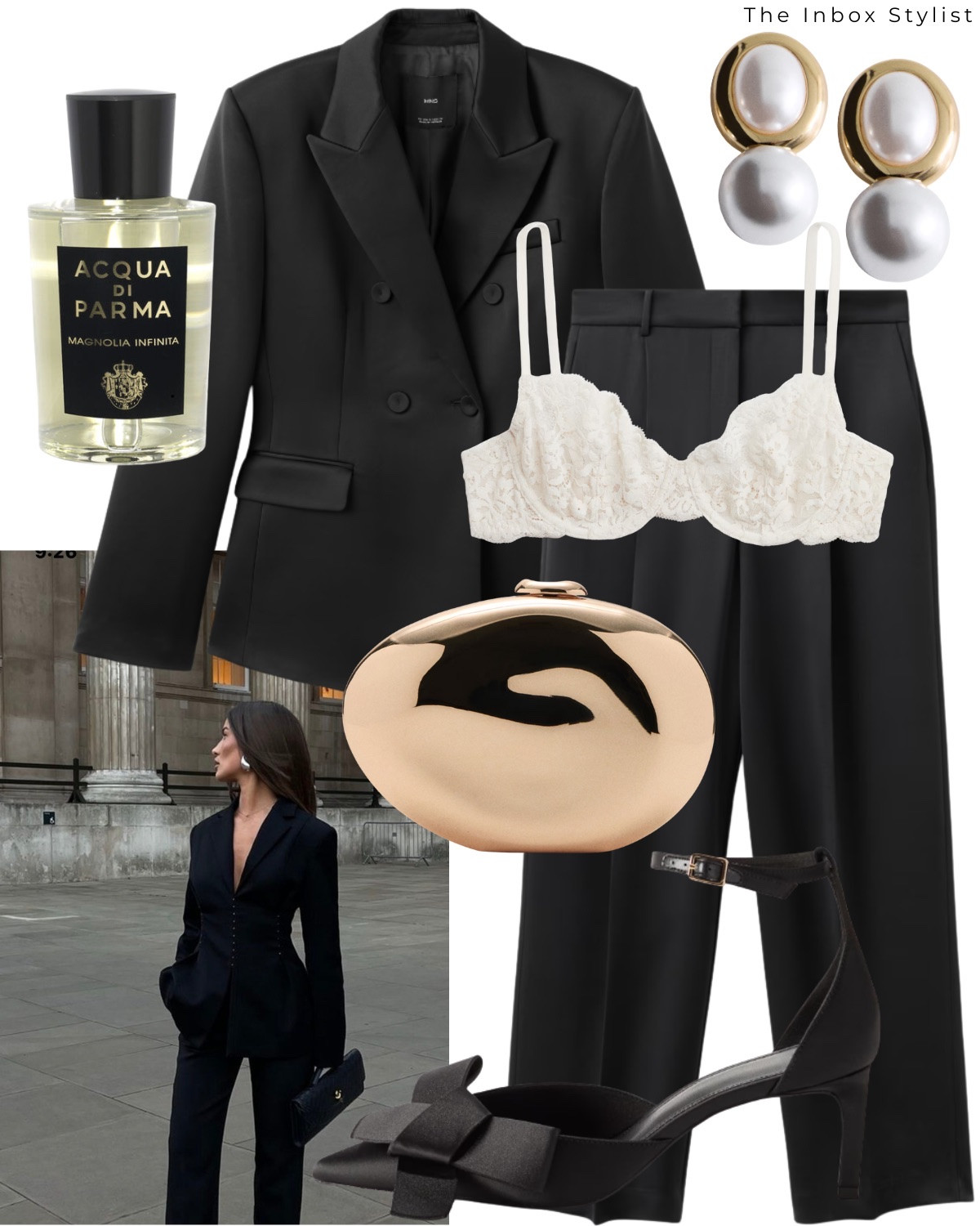 

Including silk lapel black suit jacket, black suit trousers, gold clutch bag, white lace bra, bow heels, pearl and gold earrings, perfume. 

#LTKfestive #LTKstyletip #LTKpartywear