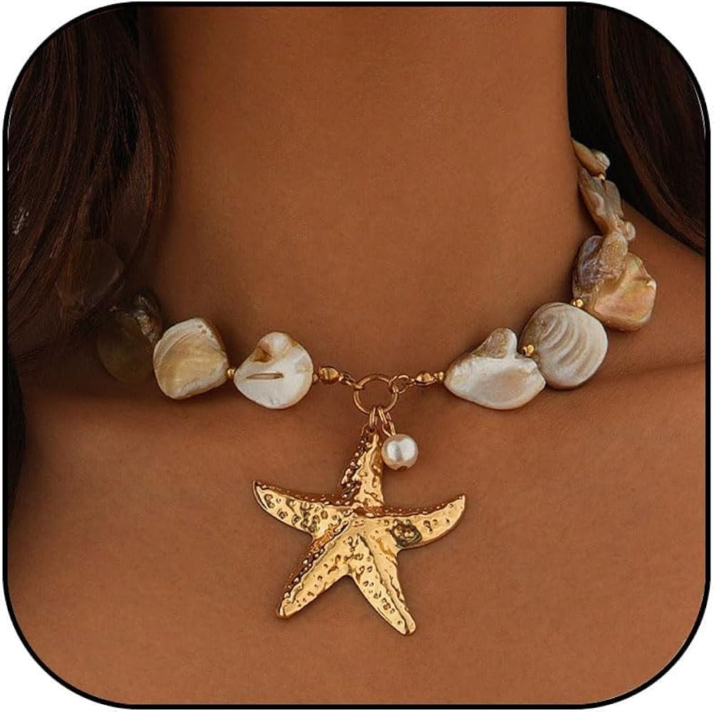 Gold Shell Starfish Necklace for Women Pearl Shell Necklace Layered Beaded Starfish Necklaces Sum... | Amazon (US)