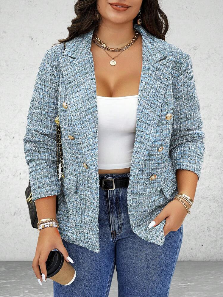Franclia Plus Size Women Plaid Lapel Collar Long Sleeve Metal Button Contrast Color Casual Blazer... | SHEIN