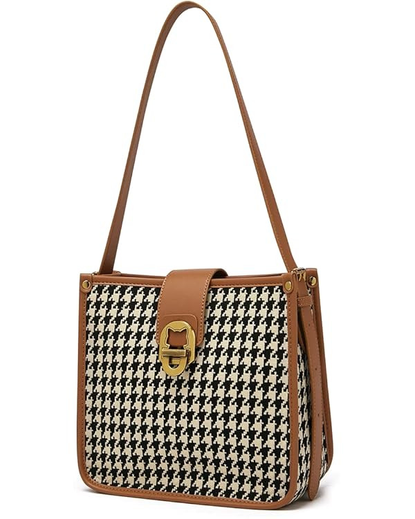 FOXLOVER Houndstooth Fabric Shoulder Bag for Women Top Handle Bucket Purse Casual Retro Portable ... | Amazon (US)