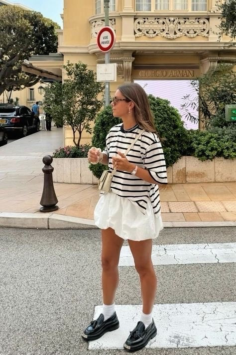 Striped T shirt 
White bubble skirt
Loafers

#LTKootd #LTKMothersDay #LTKstorytime