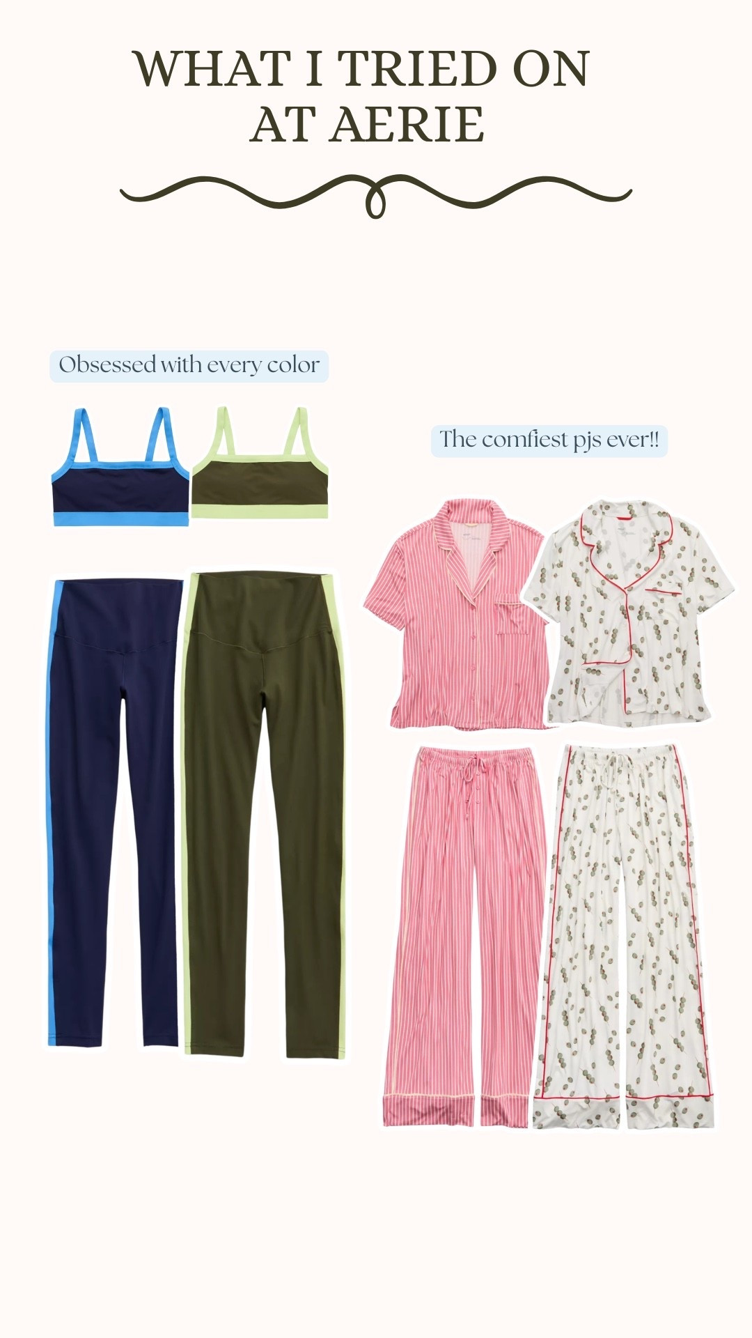 What I tried on at aerie!! Such cute finds!! 

outfit inspo, athletic fits, pjs 

#LTKActive #LTKootd