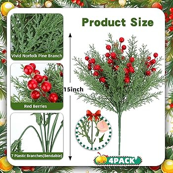 4 Bundles 140 Pcs Artificial Christmas Flowers with Red Berry Stems, Fake Norfolk Pine Garland Br... | Amazon (US)