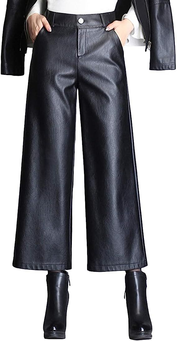 HaoMay Women's High Waist Wide Leg PU Faux Leather Cropped Pants Culottes | Amazon (US)