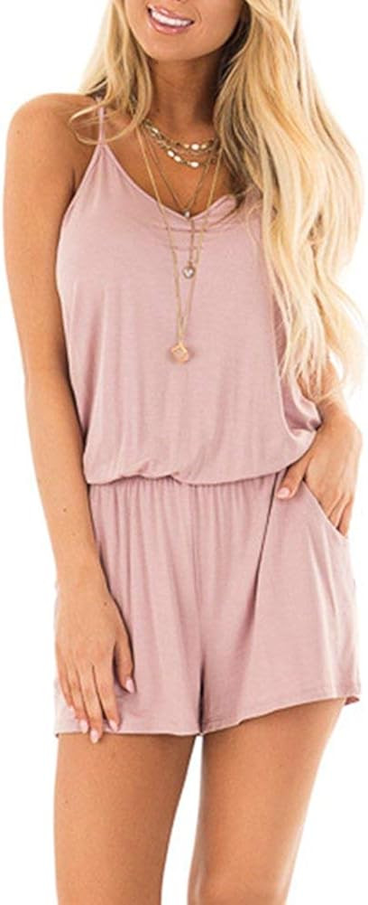 MISFAY Womens Summer Loose V Neck Spaghetti Strap Short Jumpsuit Rompers | Amazon (US)