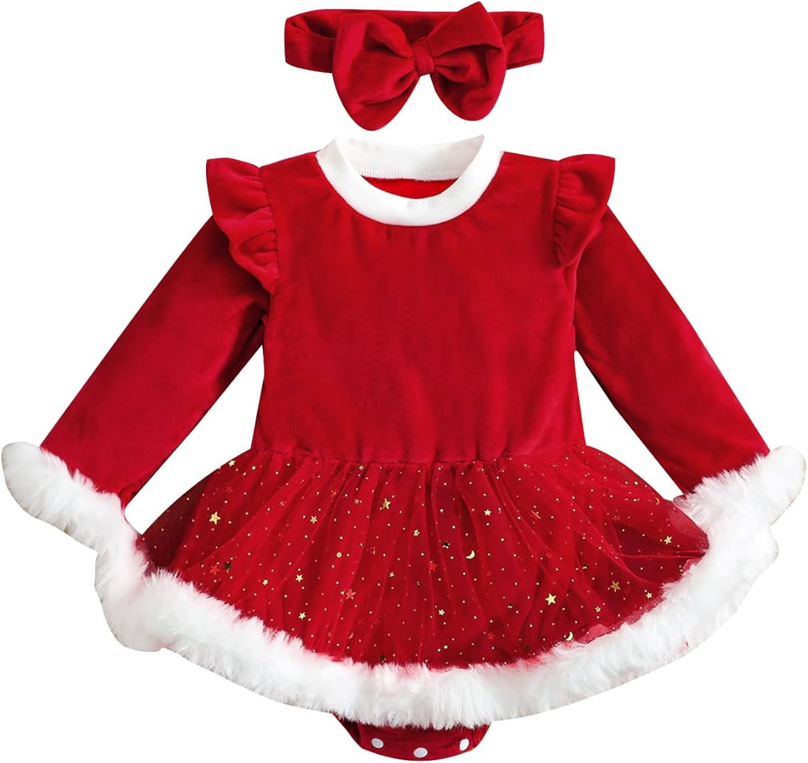 Yccutest Newborn Baby Girls Christmas Romper Dress Fur Trim Mesh Skirts Bodysuits Velvet Xmas Out... | Amazon (US)