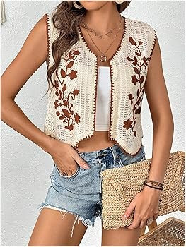 GORGLITTER Women's Western Cowgirl Rodeo Outfit Boho Crochet Floral Sleeveless Cropped Sweater Ve... | Amazon (US)