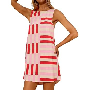 Womens Summer Boho A-Line Mini Dress Casual Color Block Sundress Sleeveless Beach Vacation Coveru... | Amazon (US)