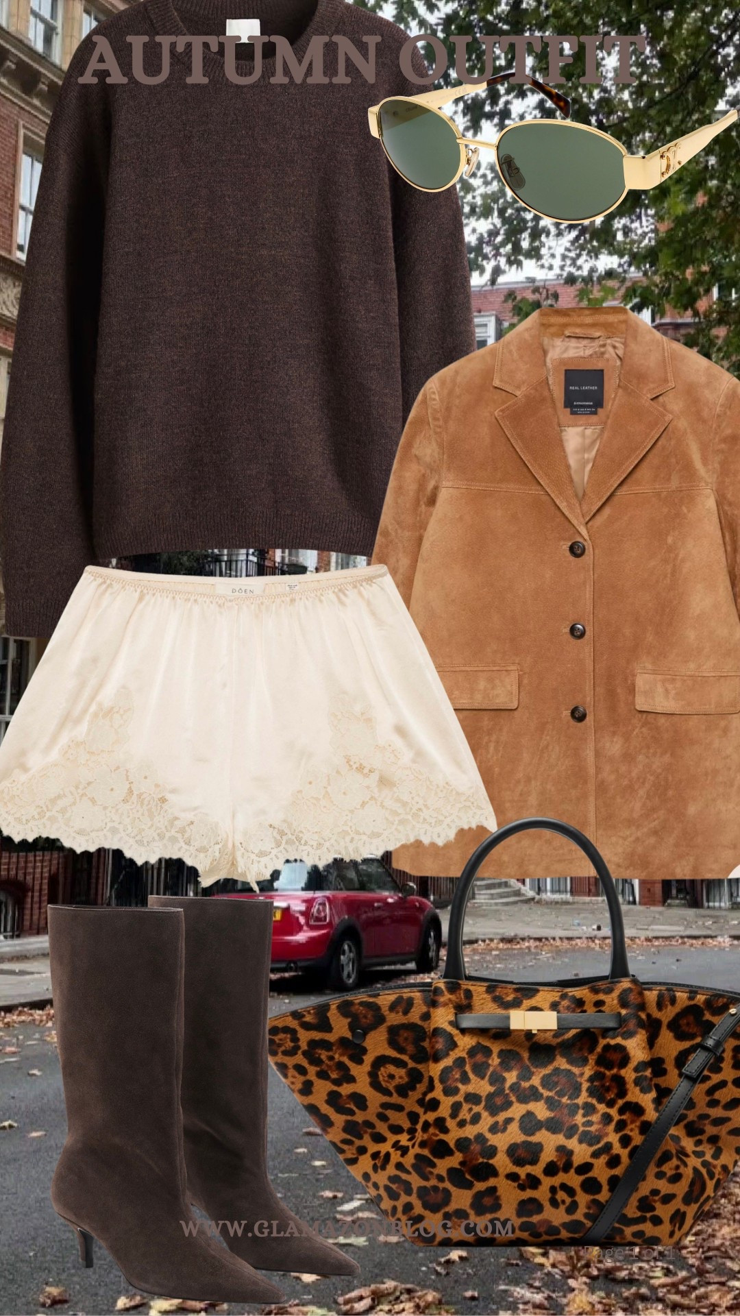 Lace shorts, brown knit, suede blazer, leopard bag, demellier bag, suede boots, mango boots, doen shorts, lingerie shorts 

#LTKeurope #LTKautumn #LTKdatenight