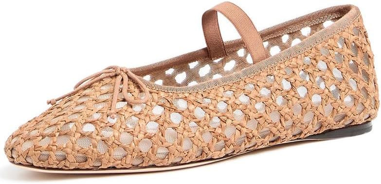 AMINUGAL Raffia Ballet Flats Shoes for Women Mesh Mary Jane Flats Bows Round Toe Ballerina Flats ... | Amazon (US)