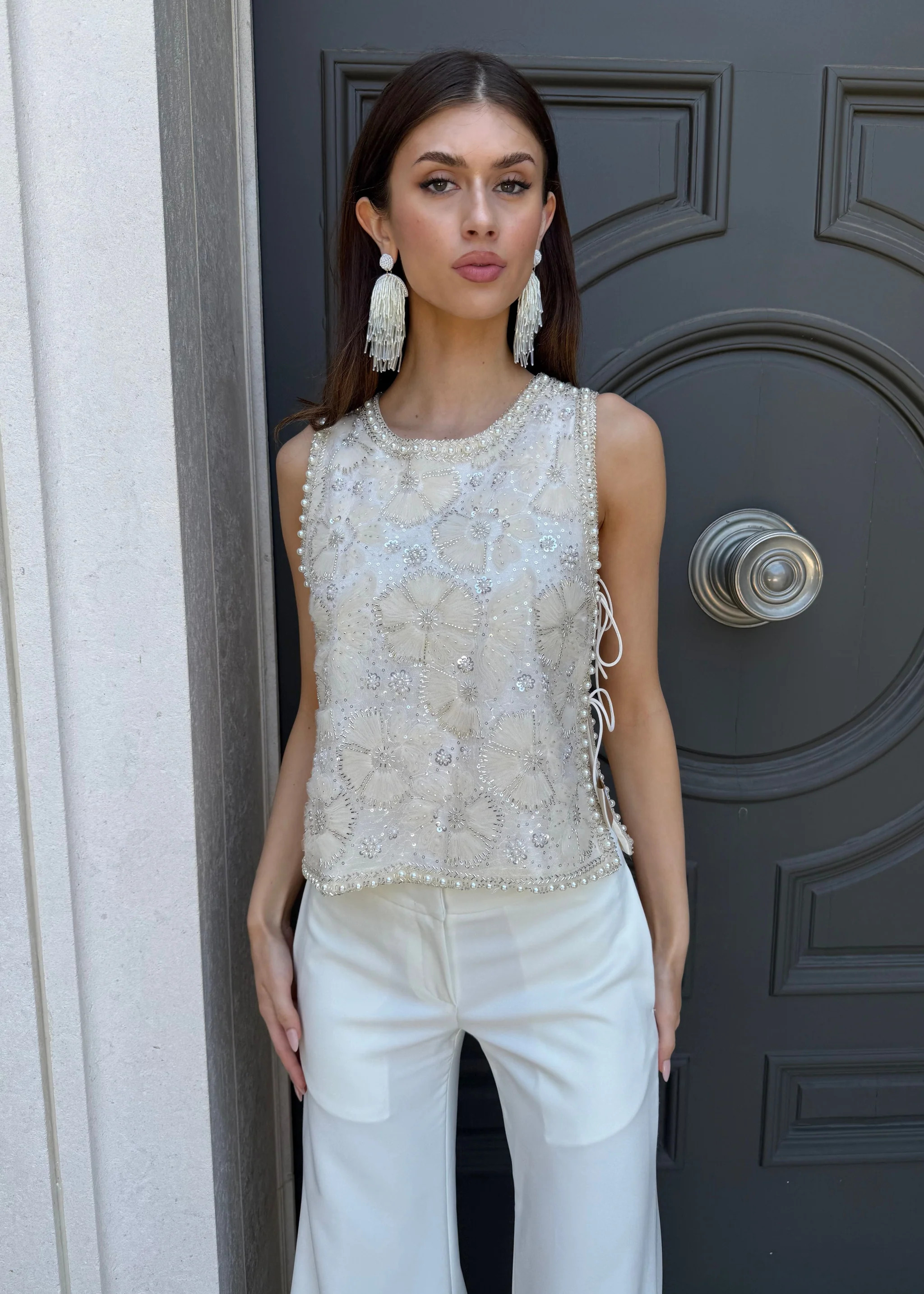 Paulina Pearl Beaded Sleeveless Top | Benaar La