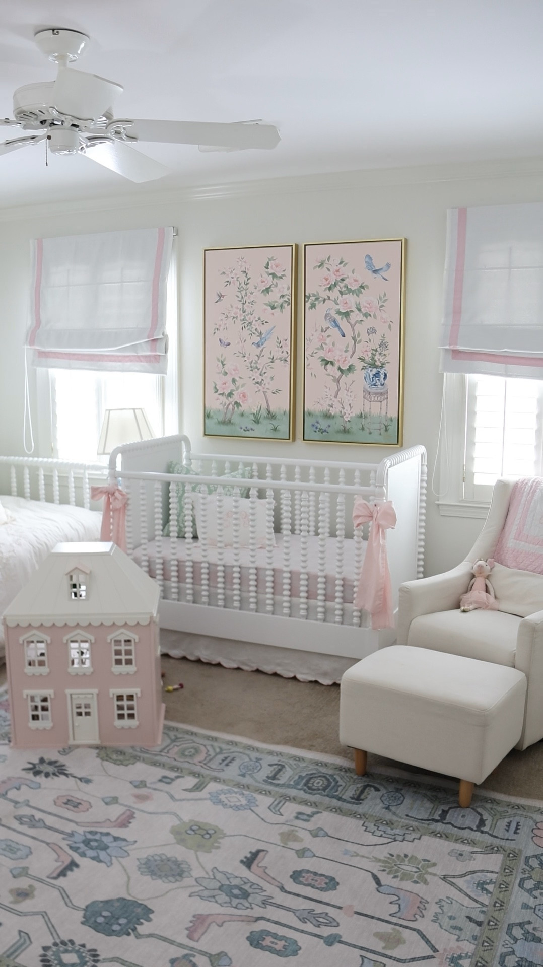 Last few days in B’s nursery! Getting sad about leaving this pretty room. 

Scalloped Dollhouse, oushak rug, Jenny Lind crib, chinoiserie paintings, pink nursery, Roman shades, little girl room crib bows white spindle twin bed

#LTKKids #LTKBaby #LTKHome