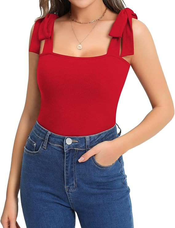 MANGOPOP Women's Square Neck Sleeveless Tank Tops Tie Shoulder Bodysuits Jumpsuits Clubwear | Amazon (US)