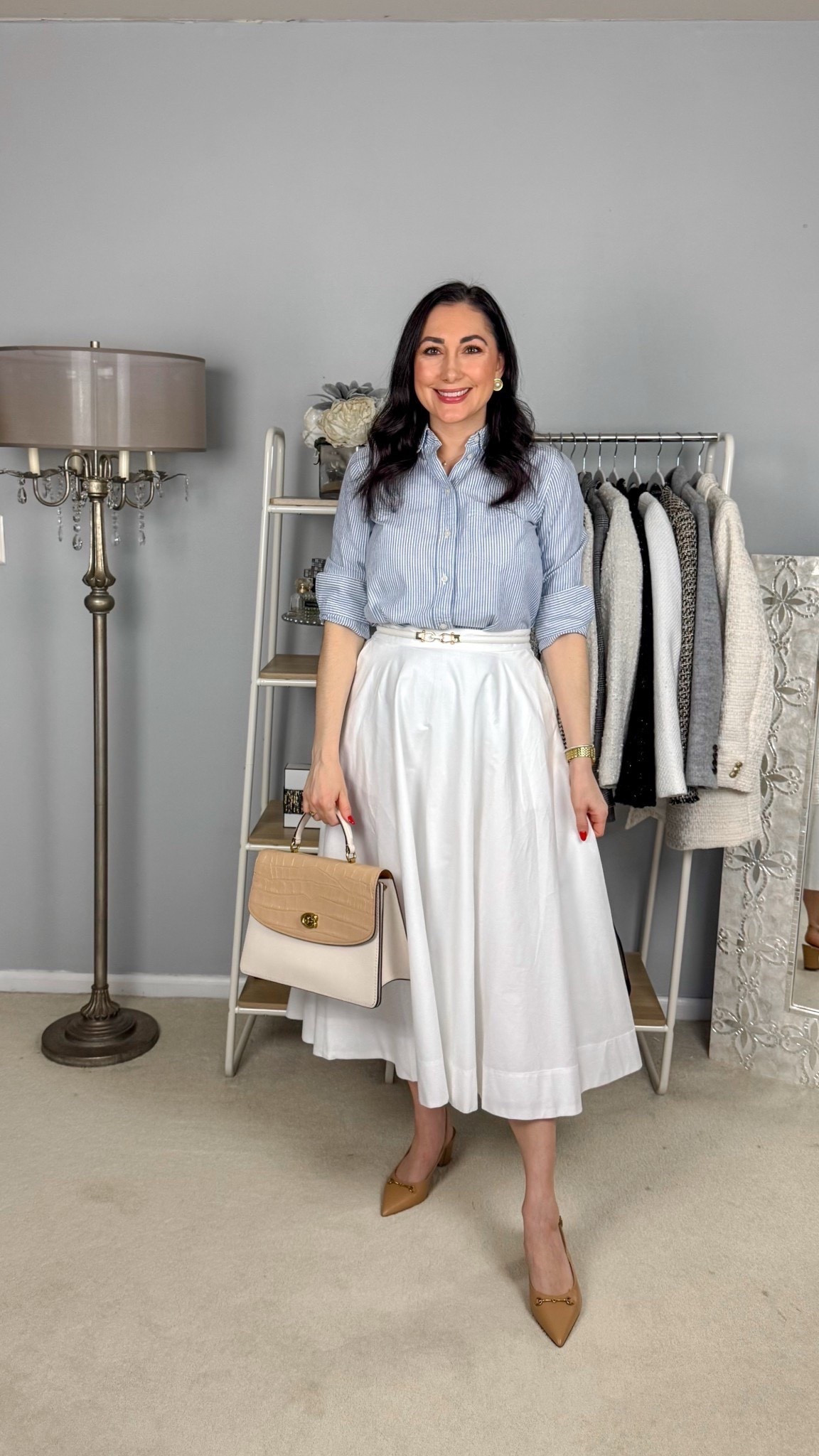 Classy spring outfit 💙🤍

Blue and white striped collared button up top 
White midi skirt size 4, fits big 
Tan sling back heels 

Work outfit 
Work wear 
Office outfit 


#LTKSaleAlert #LTKSeasonal #LTKWorkwear