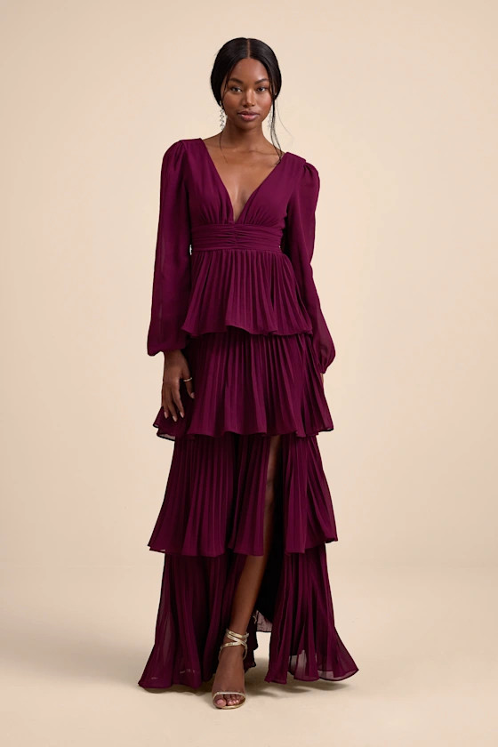 Graceful Finesse Plum Pleated Long Sleeve Maxi Dress | Lulus