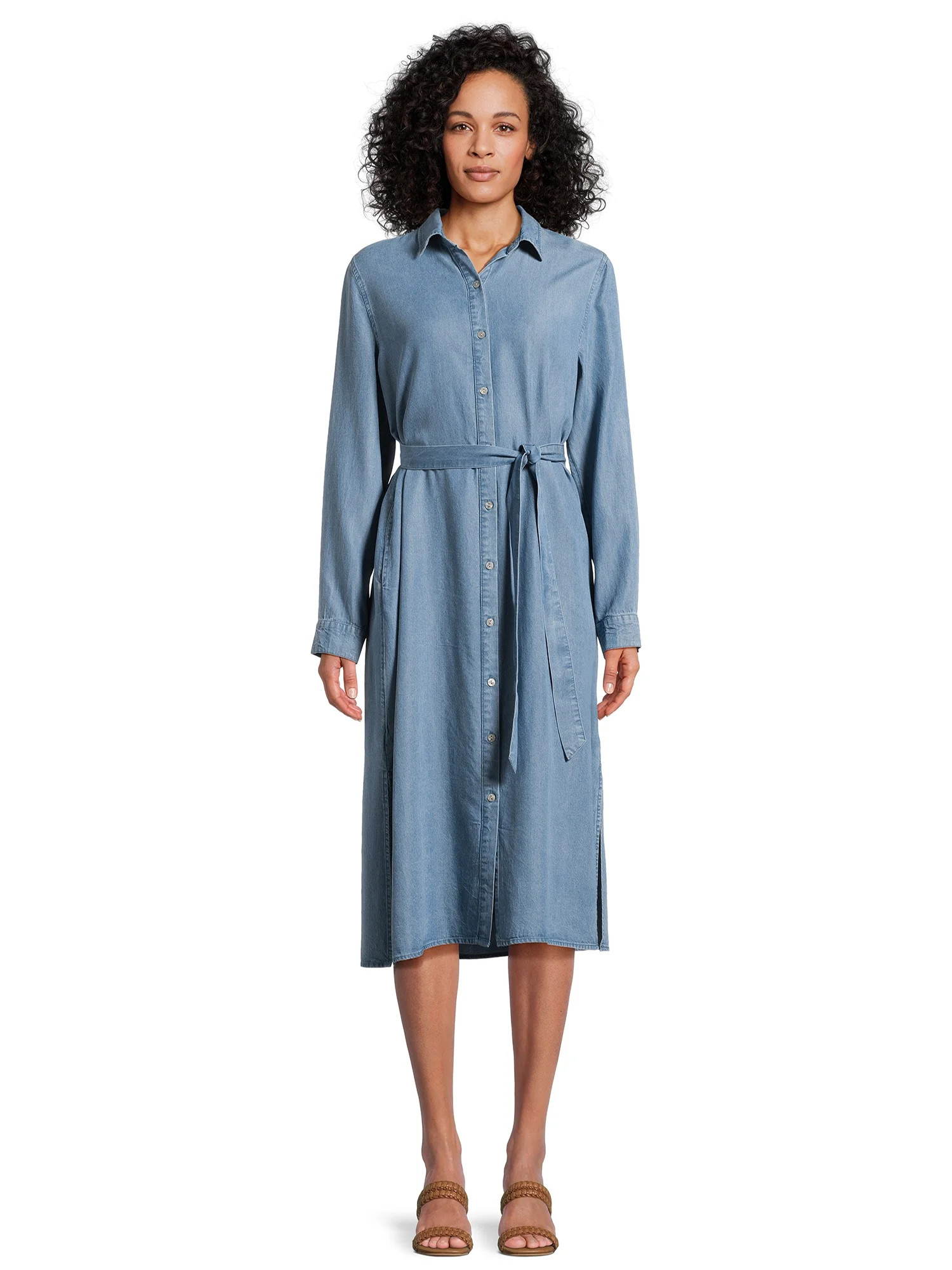 Time and Tru Women’s Button Front Shirt Dress with Long Sleeves, Sizes XS-XXXL | Walmart (US)